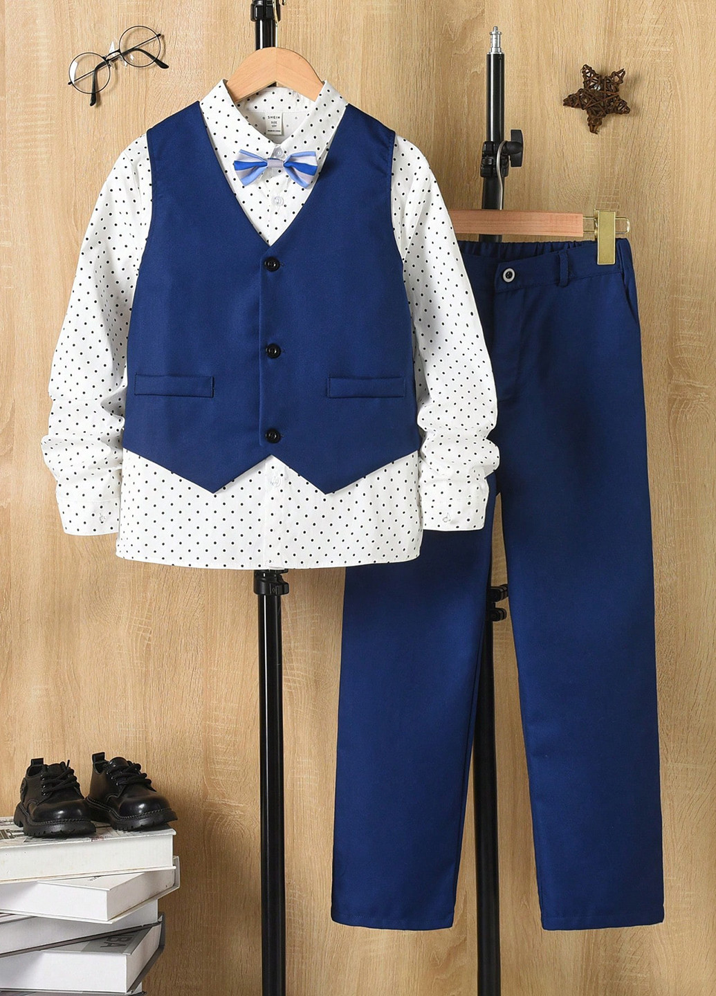 Синій демісезонний костюм (жилет, сорочка, штани) з сорочкою, брючний SHEIN