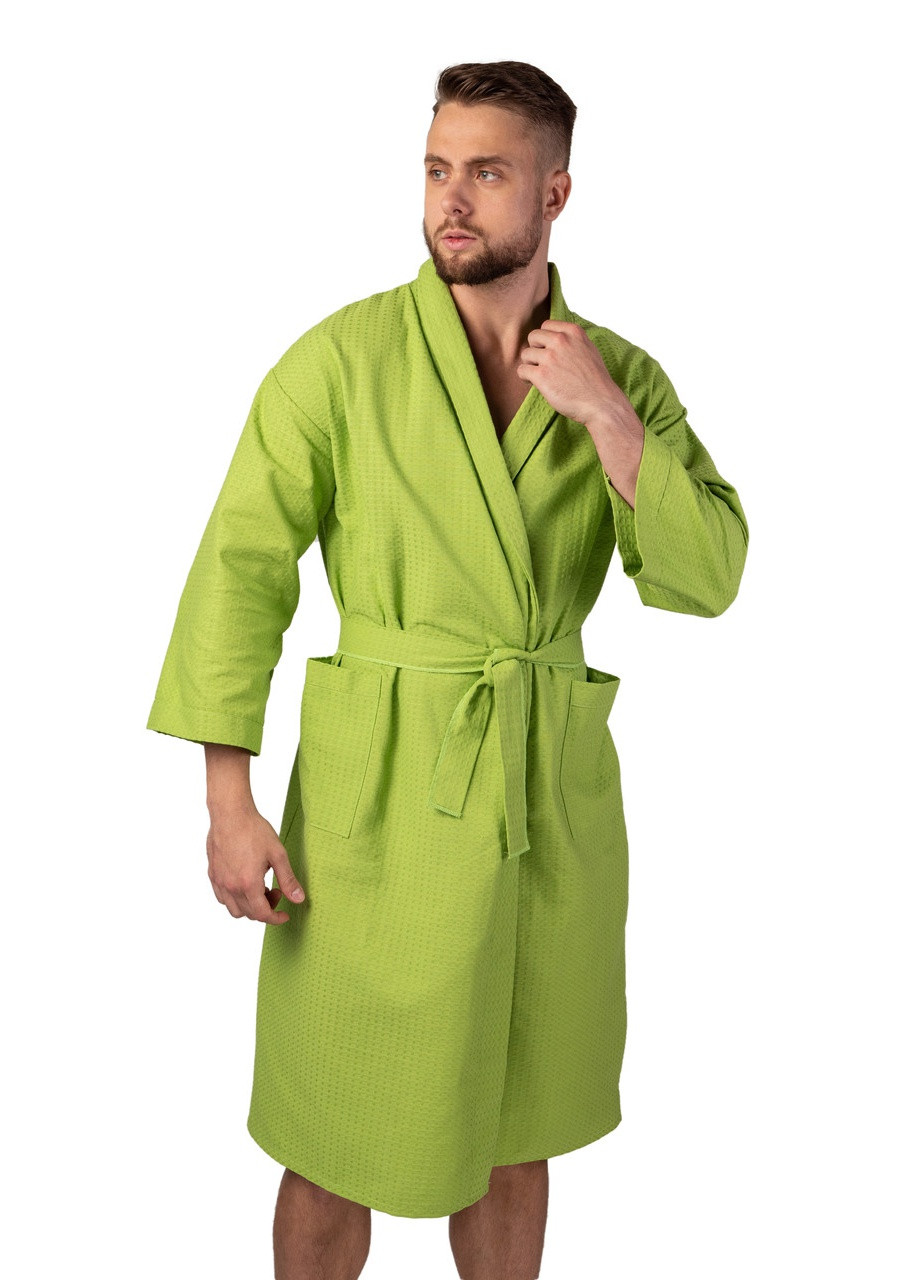 Вафельный халат Кимоно размер (50-52) L 100% хлопок оливковый (LS-1403) Luxyart (212022025)