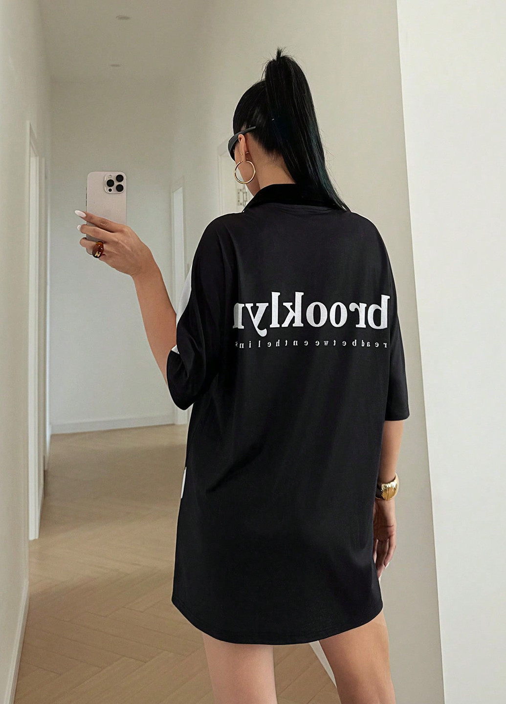 Черно-белое спортивное, кэжуал платье платье-футболка, оверсайз SHEIN с надписью