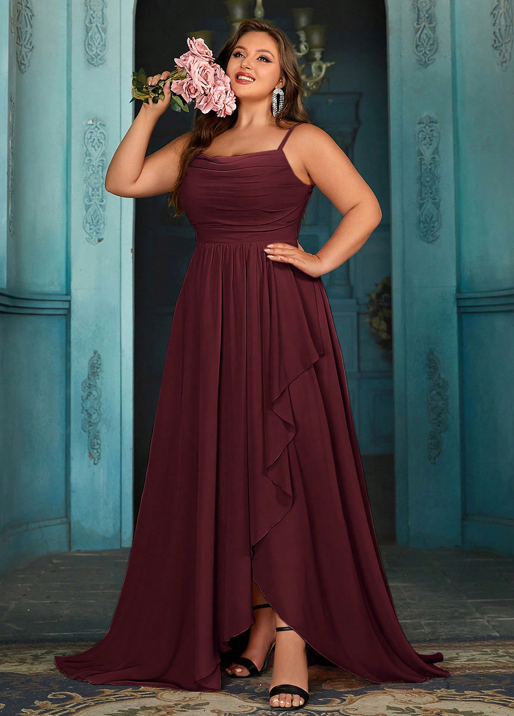 Бордовое праздничный, вечернее платье клеш SHEIN однотонное