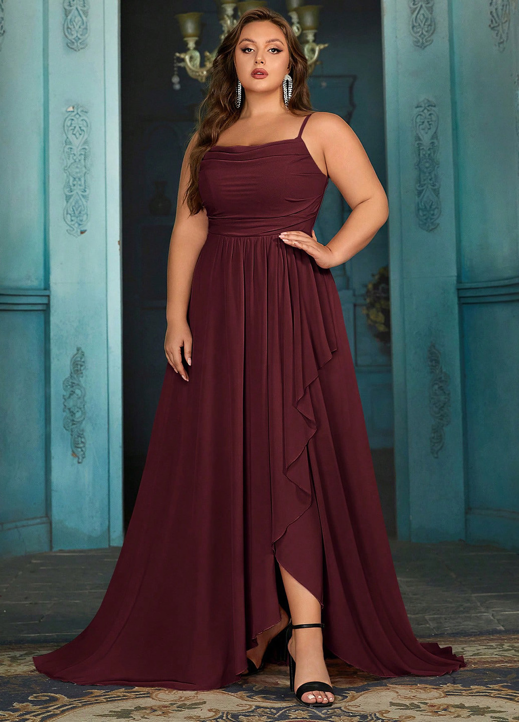 Бордовое праздничный, вечернее платье клеш SHEIN однотонное