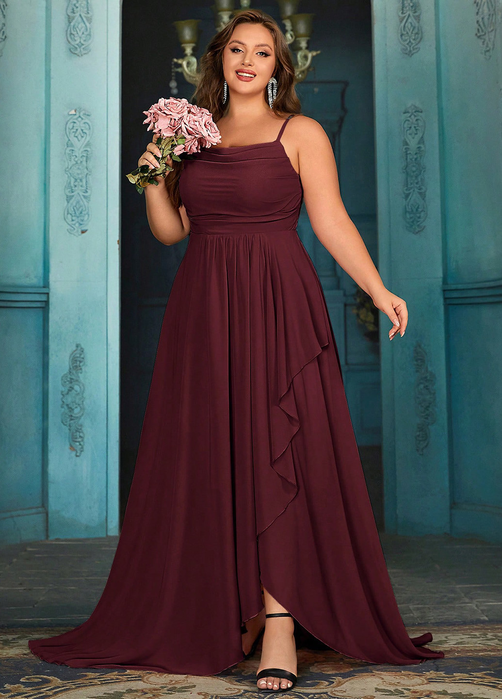 Бордовое праздничный, вечернее платье клеш SHEIN однотонное