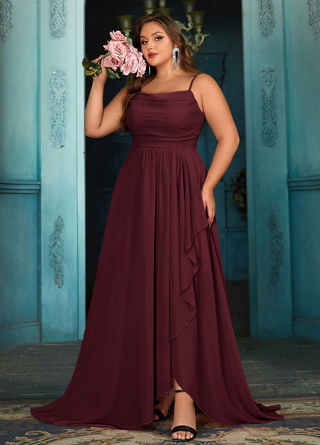 Бордовое праздничный, вечернее платье клеш SHEIN однотонное