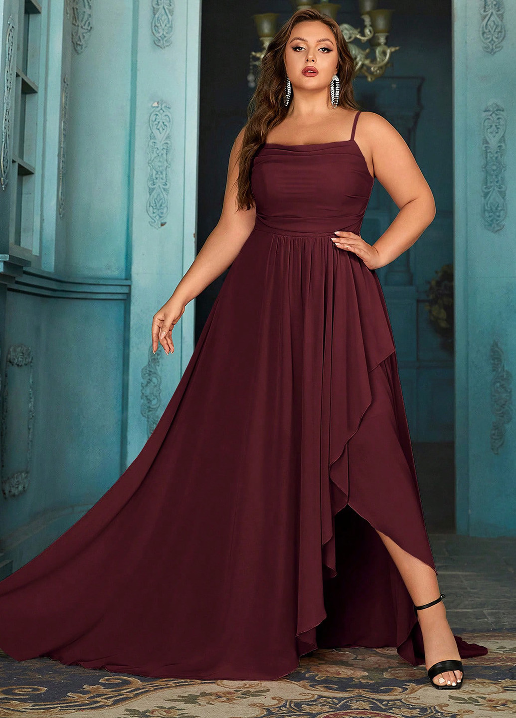 Бордовое праздничный, вечернее платье клеш SHEIN однотонное