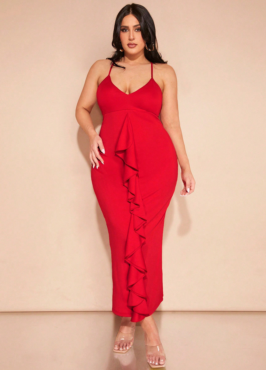 Червона вечірня, коктейльна сукня з відкритою спиною, силуетна SHEIN однотонна