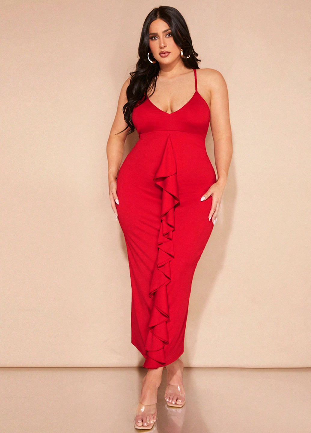 Червона вечірня, коктейльна сукня з відкритою спиною, силуетна SHEIN однотонна