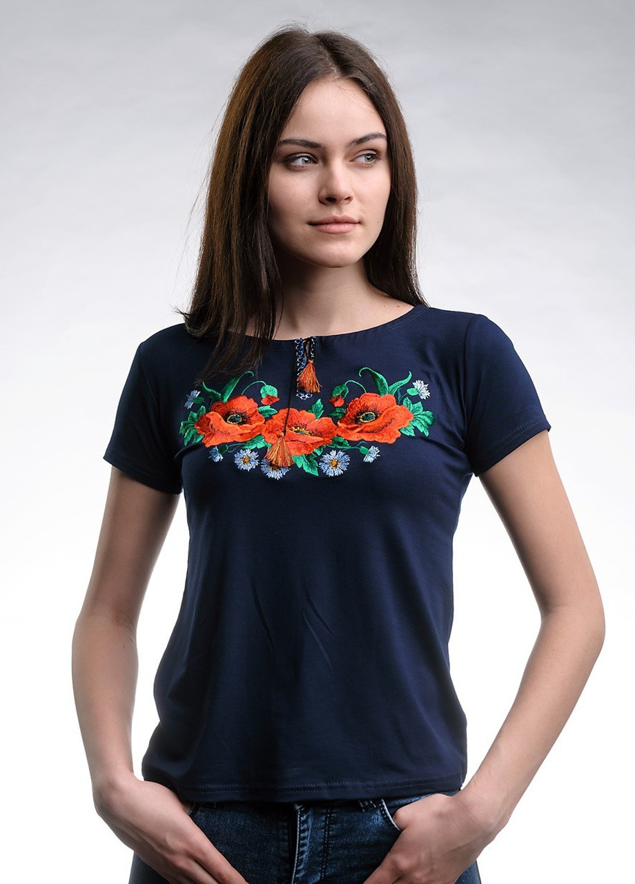 Жіноча вишита футболка Макове поле синя Melanika (250206202)