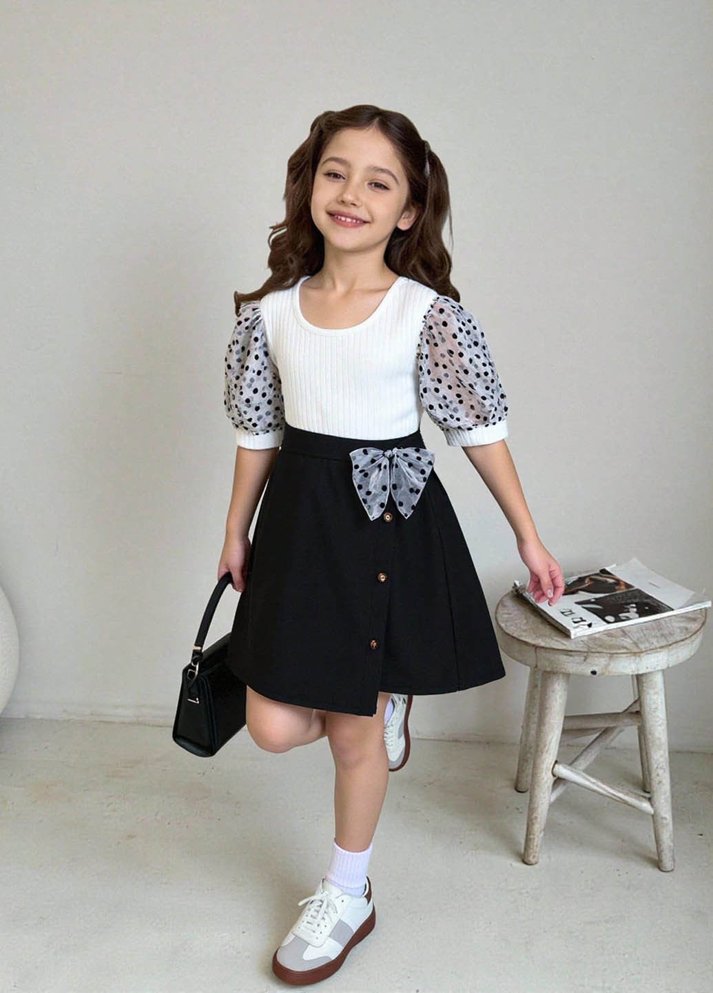 Черно-белый летний комплект (блуза, юбка) SHEIN