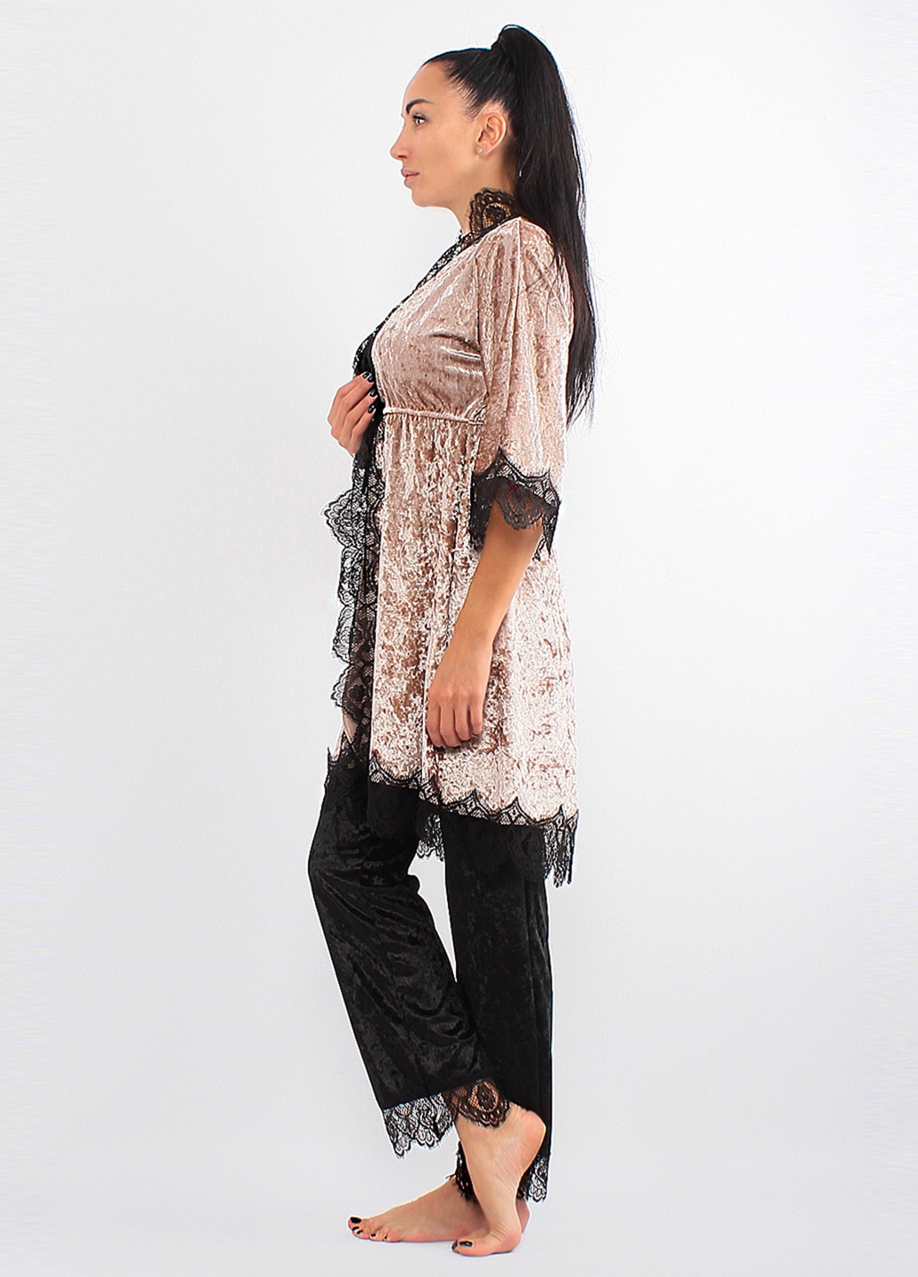 Бежевий демісезонний комплект (халат, майка, штани) Ghazel