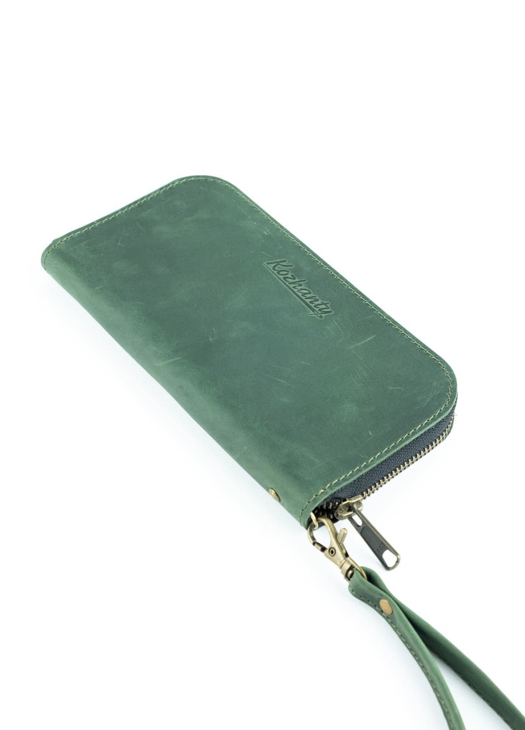 Шкіряний портмоне гаманець зиппер на блискавці Teo зелений вінтажний Kozhanty (252315366)