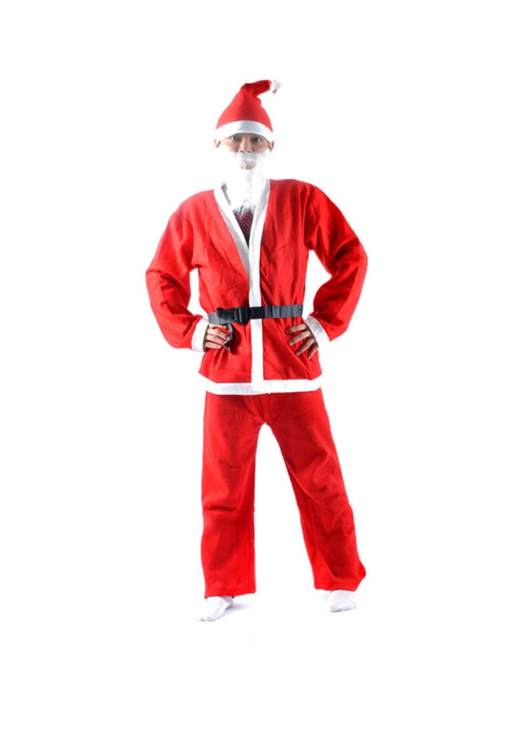 Костюм Санта Клауса (штаны, кофта, шапка, борода, пояс) No Brand однотонный красный домашний флис