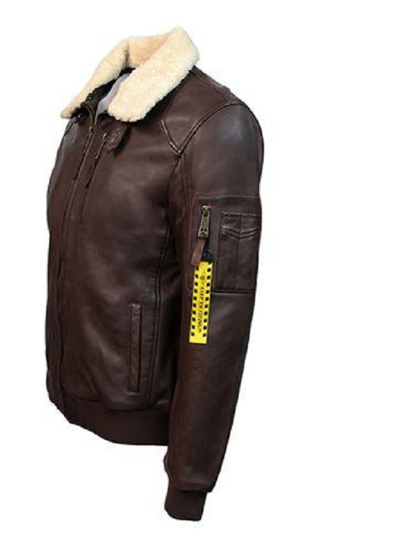 Коричневая демисезонная оригинальная кожаная куртка men's bomber with removable fur tg1911 (brown) Top Gun