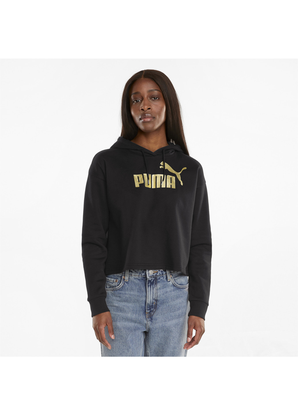 Толстовка Essentials+ Cropped Metallic Women's Hoodie Puma однотонная чёрная спортивная хлопок, полиэстер, эластан