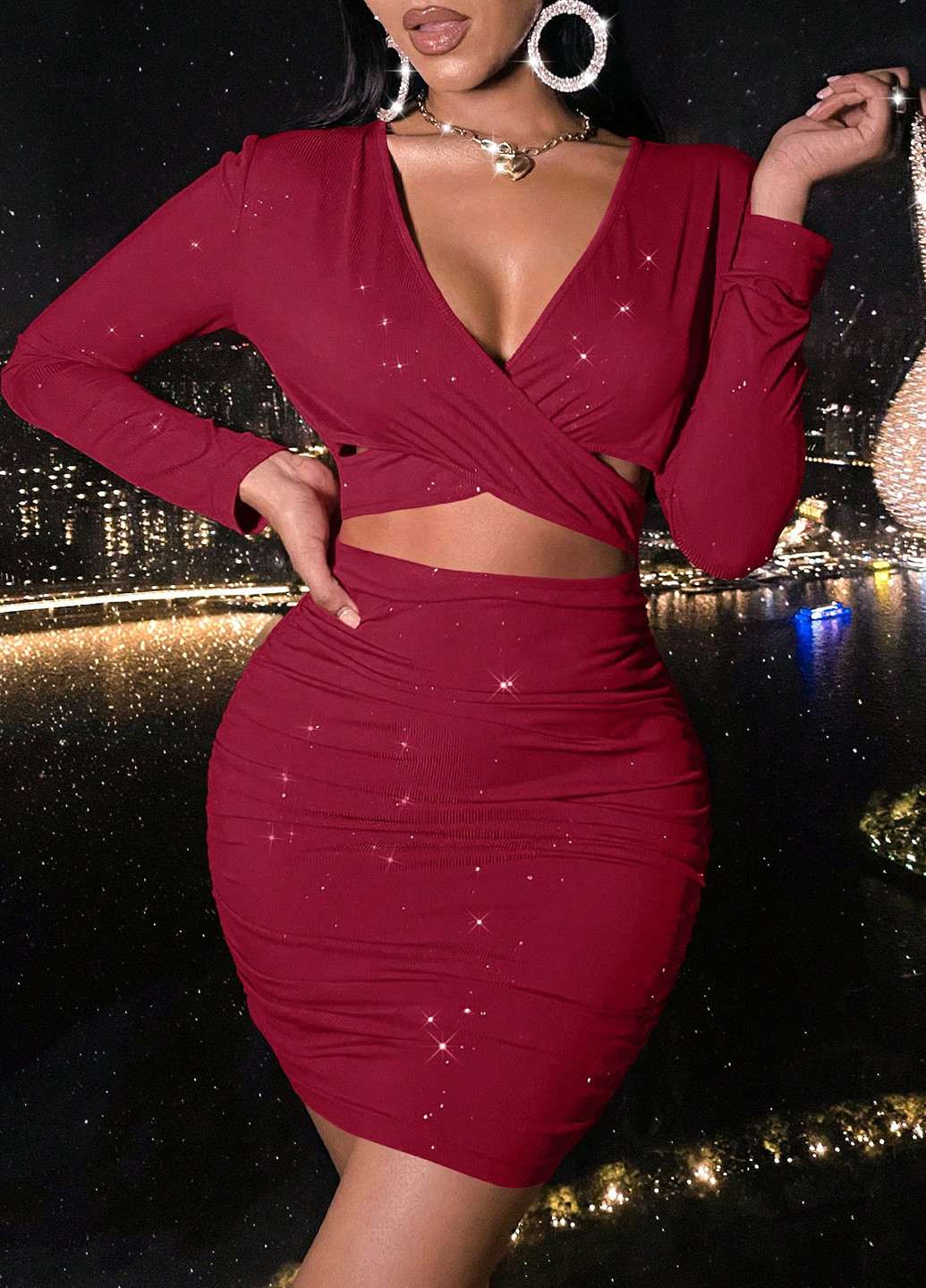 Бордовое коктейльное платье SHEIN однотонное