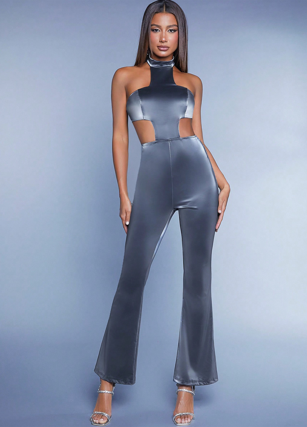 Комбінезон SHEIN комбінезон-брюки однотонний сіро-голубий коктейльний поліестер, поліуретан