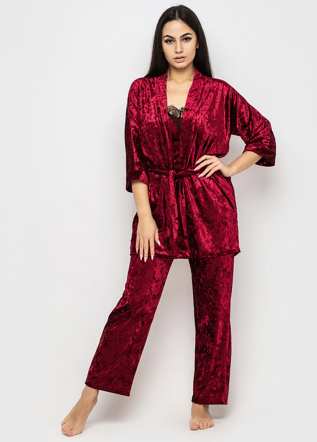 Бордовый демисезонный комплект (майка, брюки, халат) Ghazel