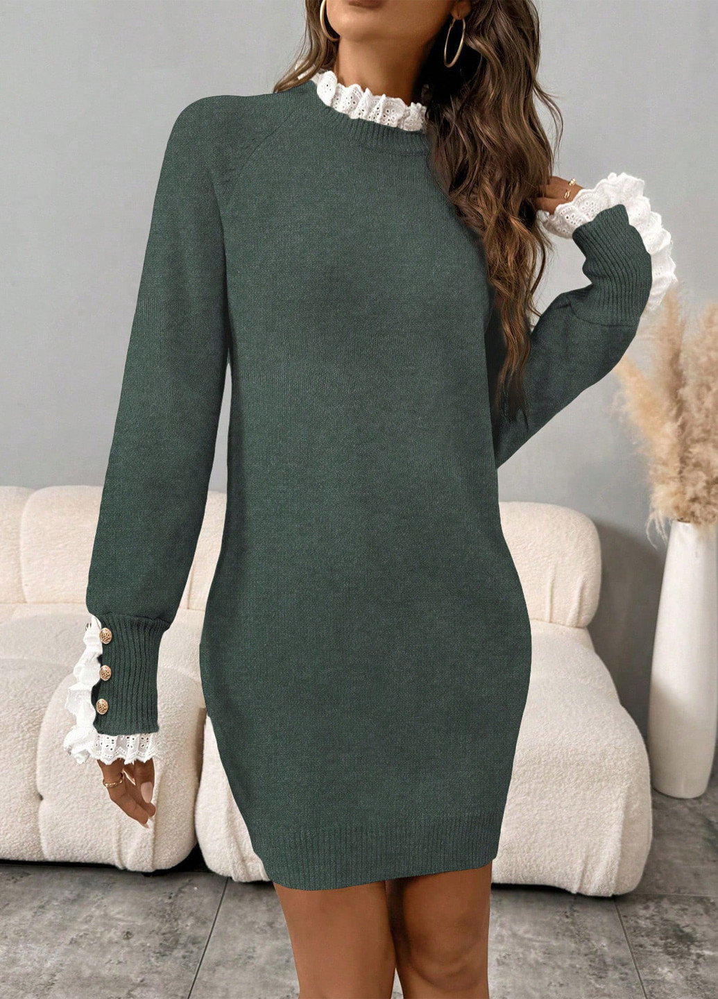 Темно-зеленое кэжуал платье платье-свитер SHEIN меланжевое