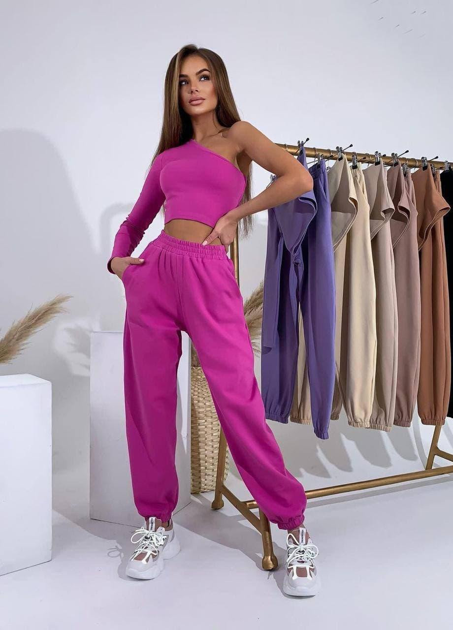 Женский костюм топ на одно плечо и штаны из двунитки розовый р.46 290623 New Trend (256038143)