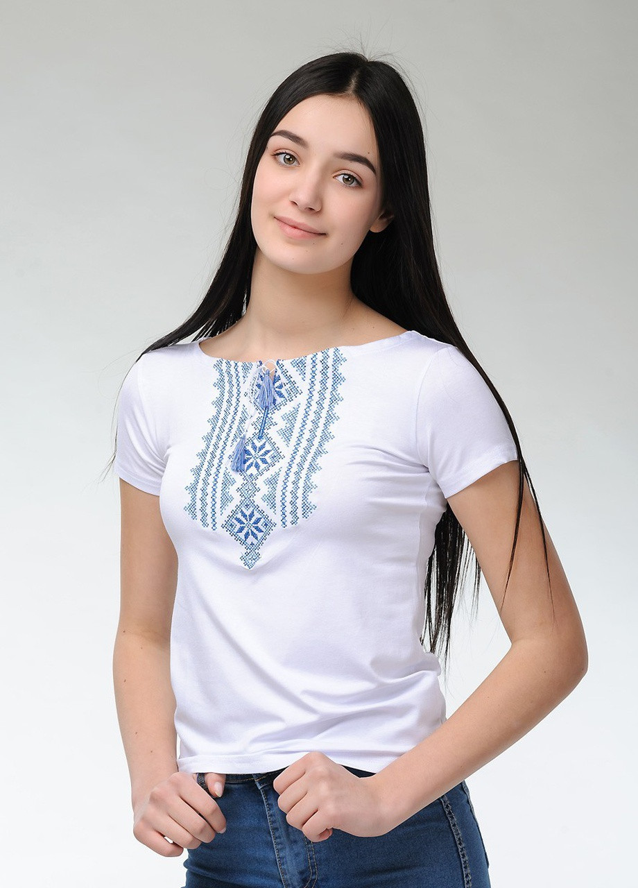 Жіноча вишита футболка Гуцулка біла з блакитним Melanika (250206205)