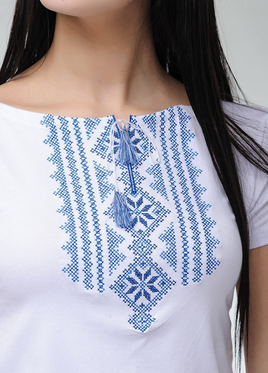 Женская вышитая футболка Гуцулка белая с голубым Melanika (250206205)