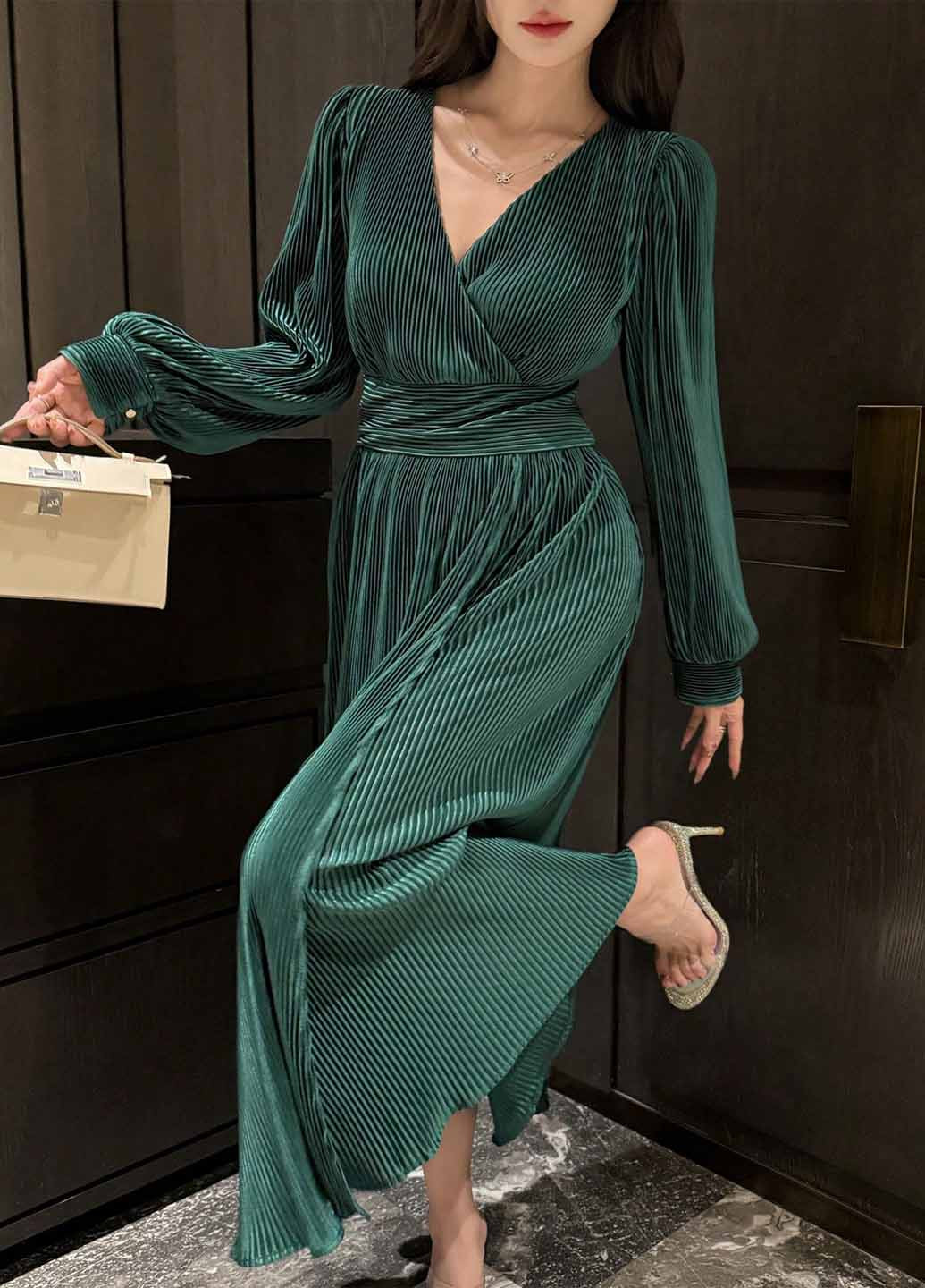 Изумрудное праздничный, кэжуал платье клеш SHEIN однотонное