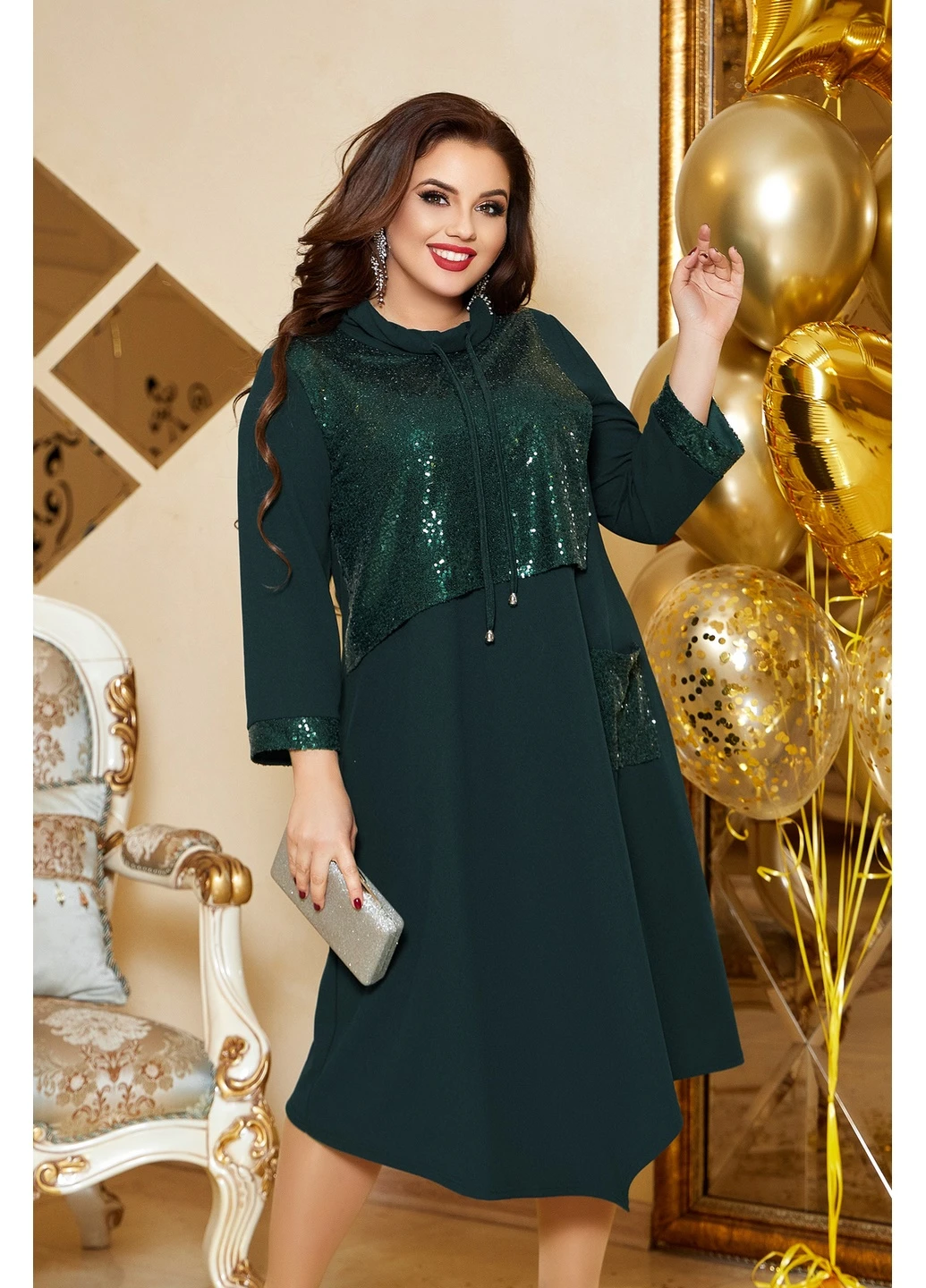 Темно-зеленое кэжуал платье 206-1 64 тёмно-зеленое N.N.C.Fashion однотонное