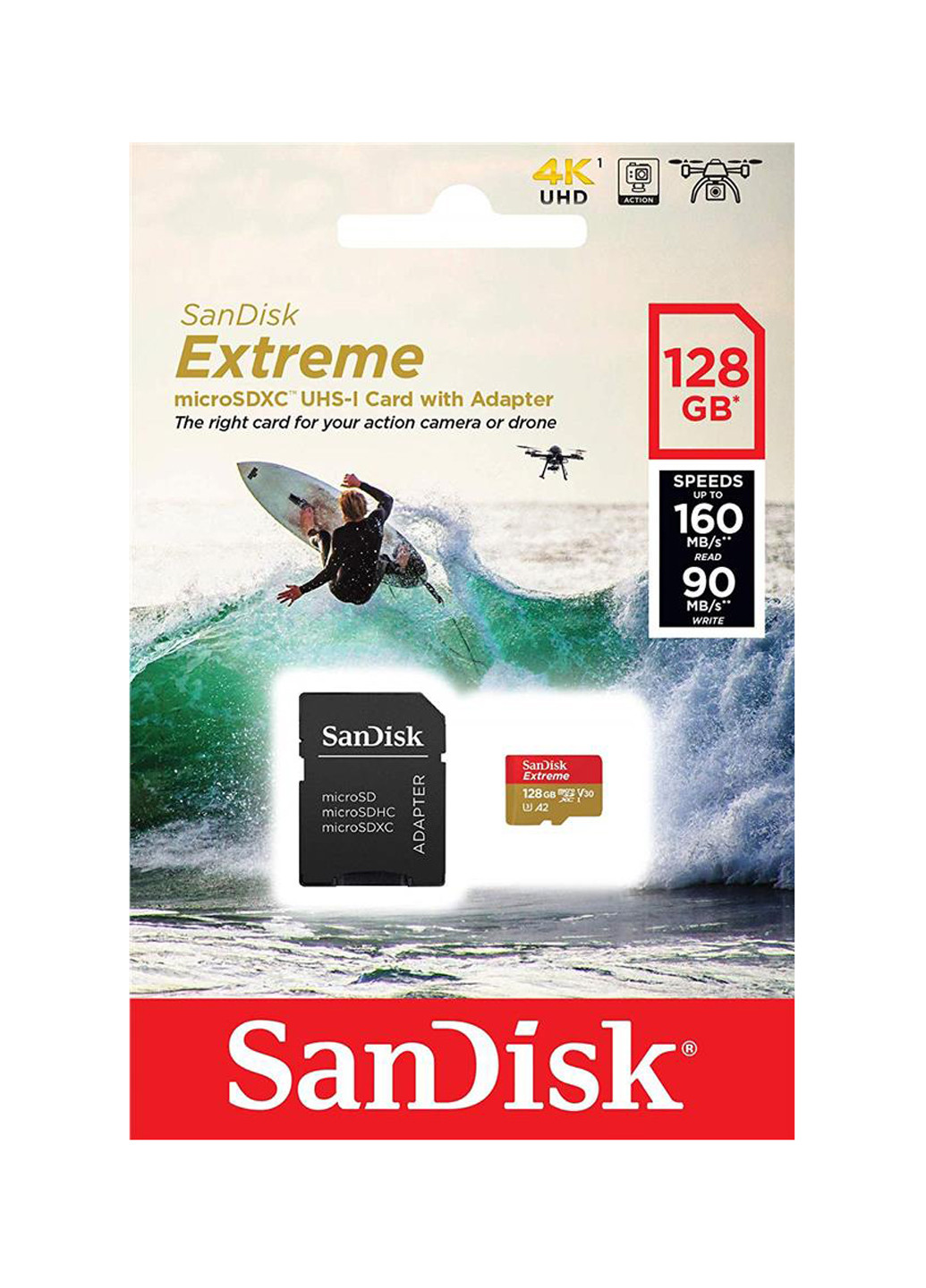 Карта пам'яті microSDXC 128GB C10 UHS-I U3 A2 (R160 / W90MB / s) Extreme V30 + SD-adapter (SDSQXA1-128G-GN6AA) SanDisk Карта памяти SanDisk microSDXC 128GB C10 UHS-I U3 A2 (R160/W90MB/s) Extreme V30 + SD-adapter (SDSQXA1-128G-GN6AA) чорні