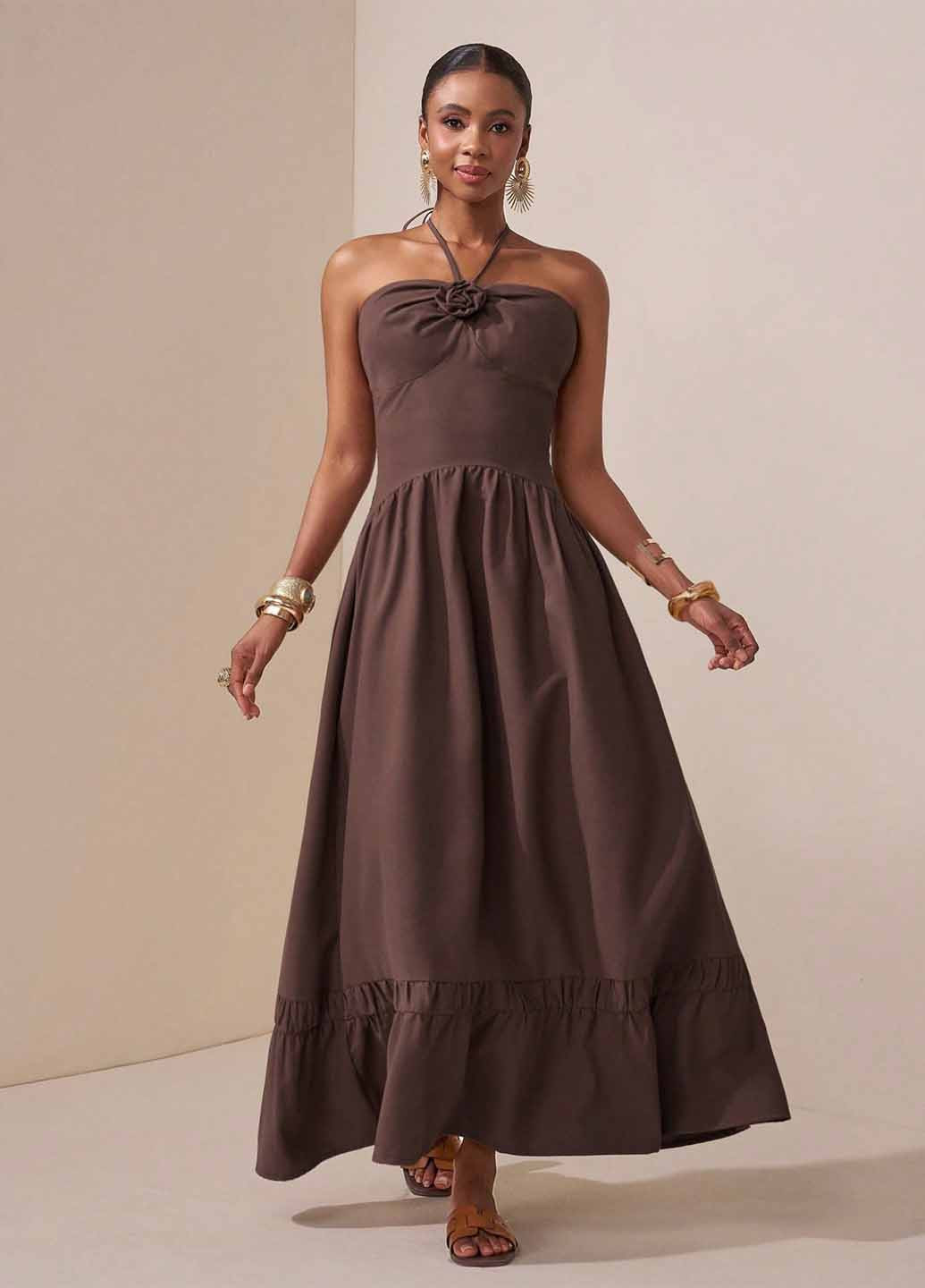 Коричневое кэжуал платье с открытыми плечами SHEIN однотонное