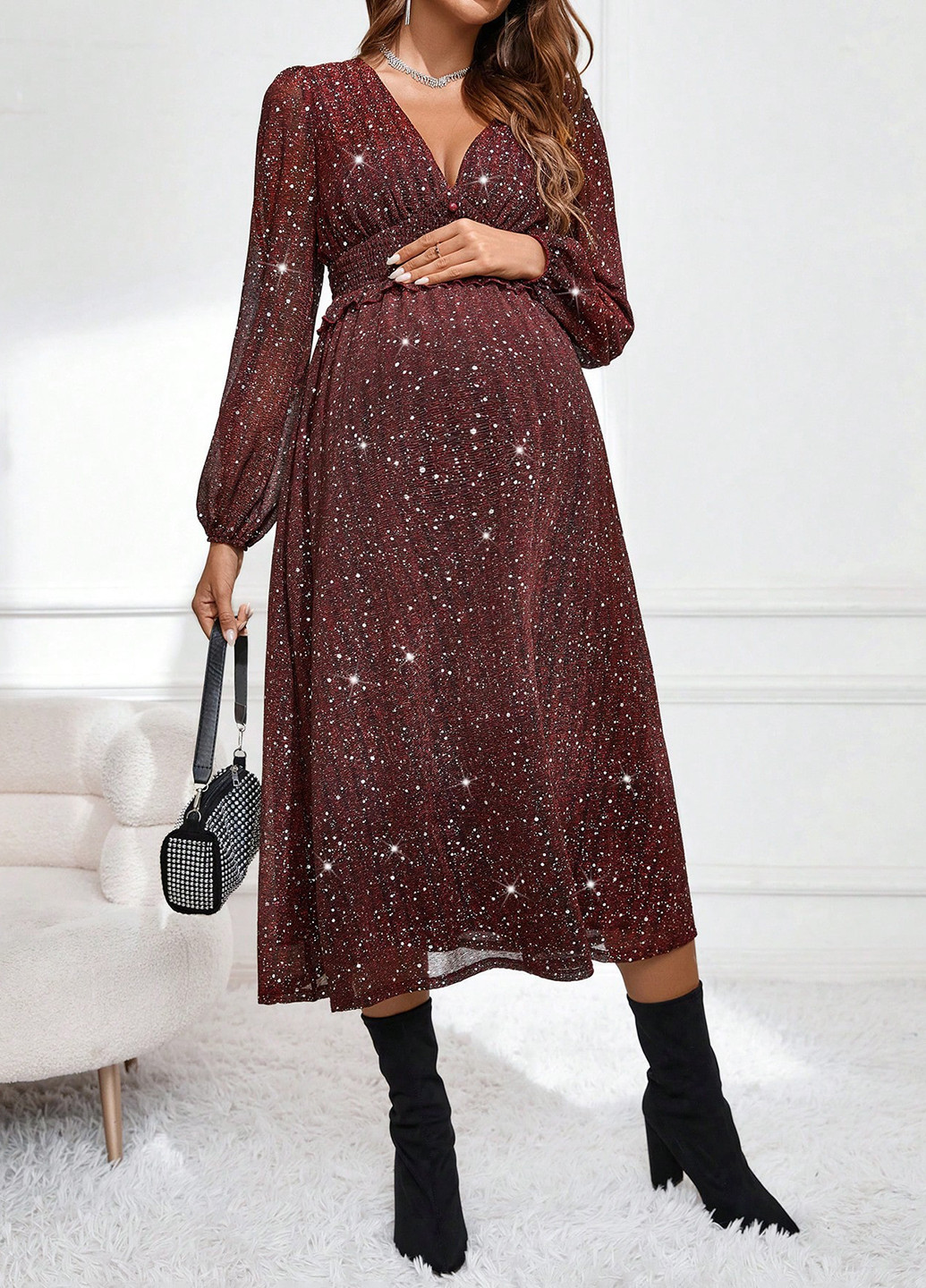 Бордовое кэжуал платье SHEIN однотонное