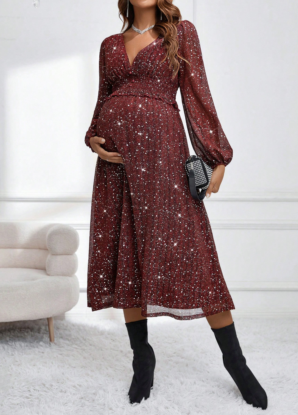 Бордовое кэжуал платье SHEIN однотонное