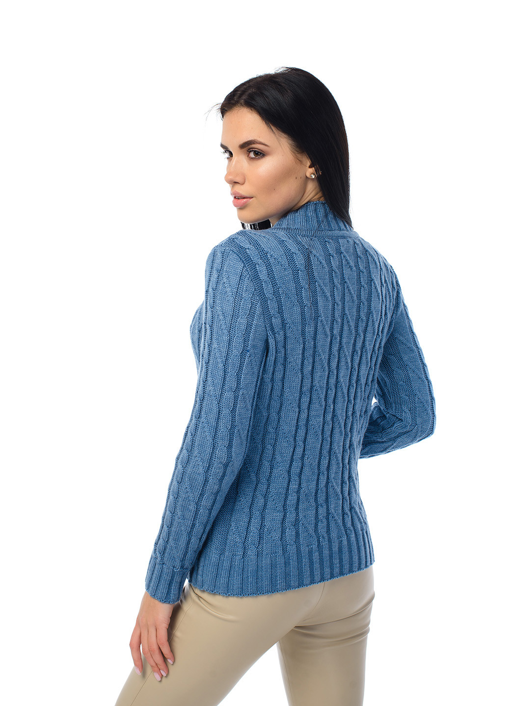 Серо-голубой зимний женский мягкий свитер с воротником стойкой SVTR