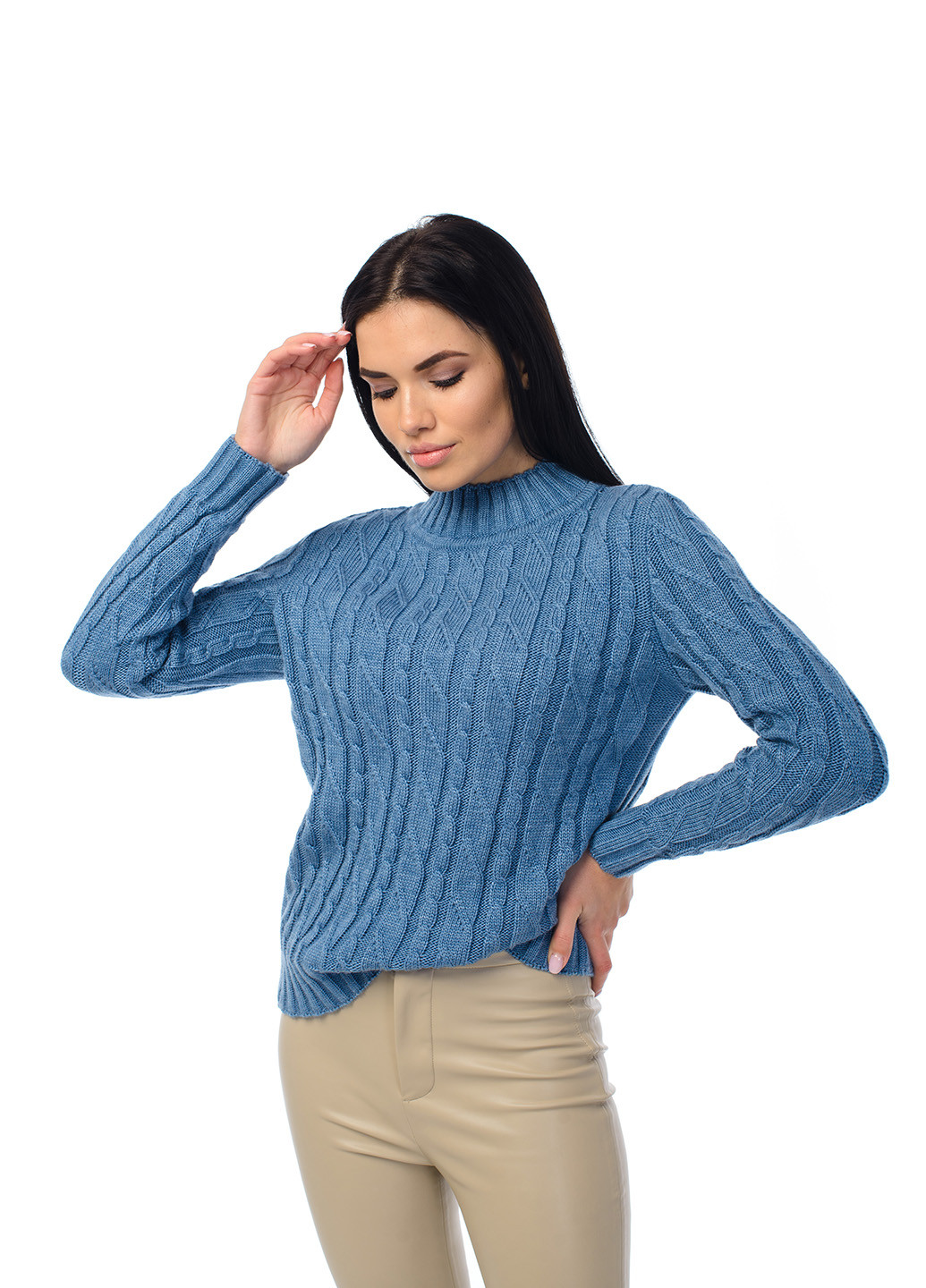 Серо-голубой зимний женский мягкий свитер с воротником стойкой SVTR