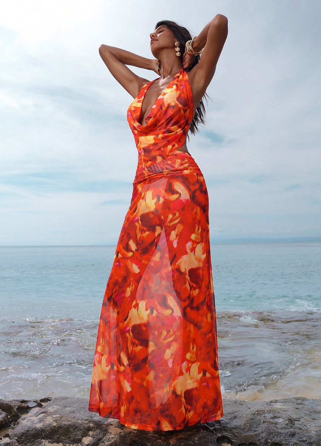 Червона пляжна, кежуал сукня з відкритими плечима, з відкритою спиною, силуетна SHEIN з абстрактним візерунком