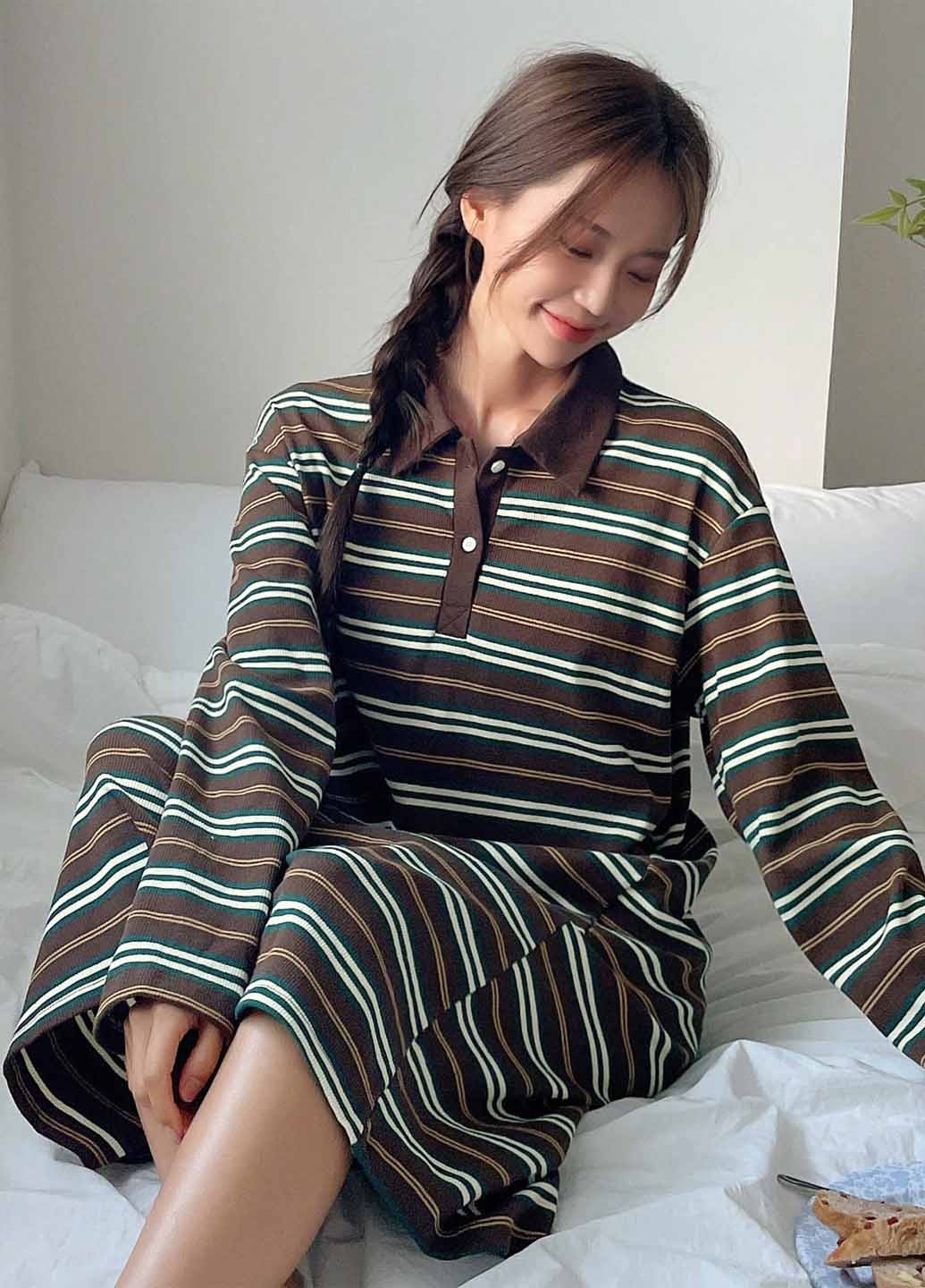 Коричнева домашній сукня поло SHEIN в смужку