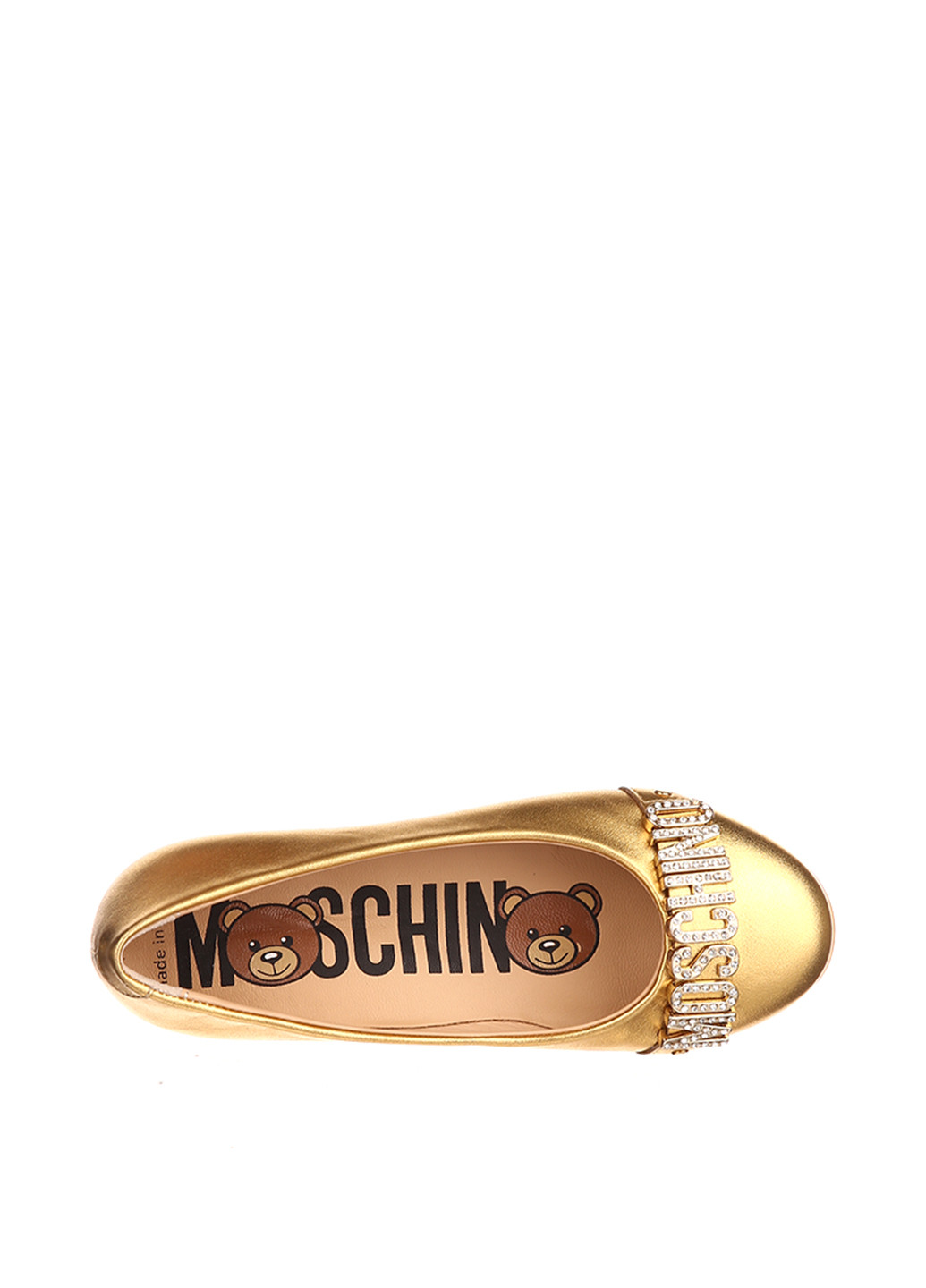 Золотые балетки Moschino с логотипом, со стразами