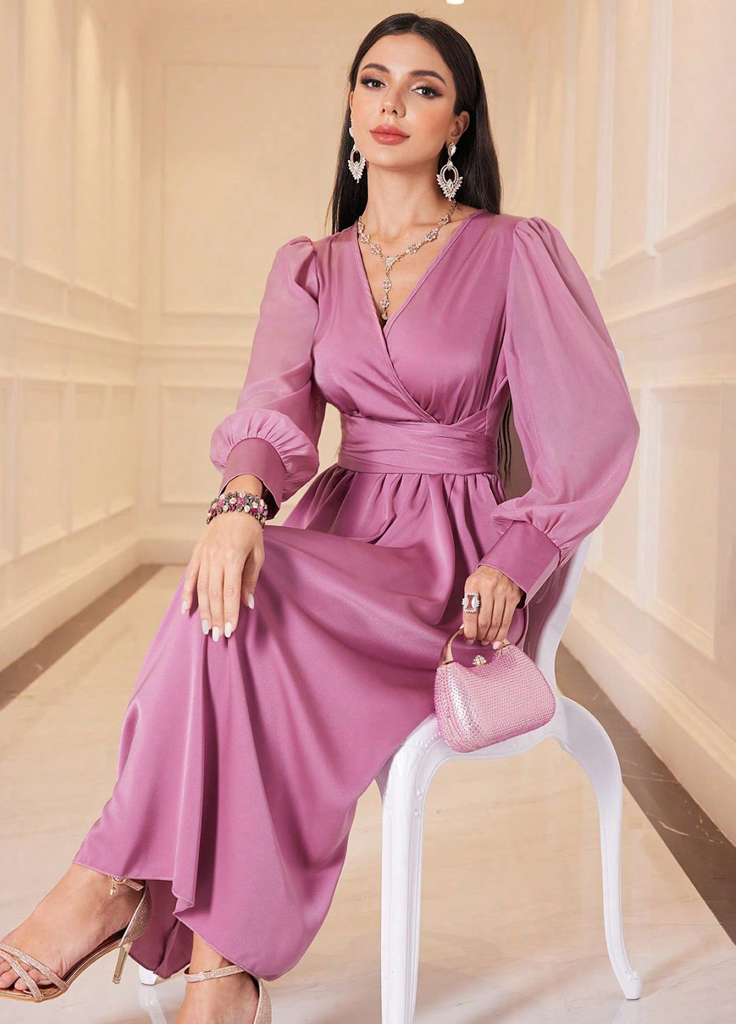 Розовое кэжуал платье на запах SHEIN однотонное