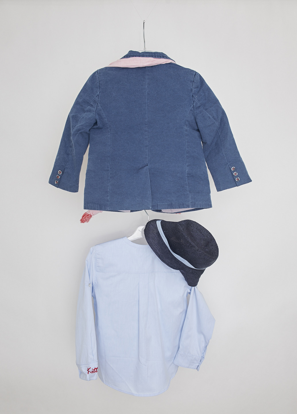 Синий демисезонный комплект (пиджак, рубашка, шарф, шляпа) Kitten