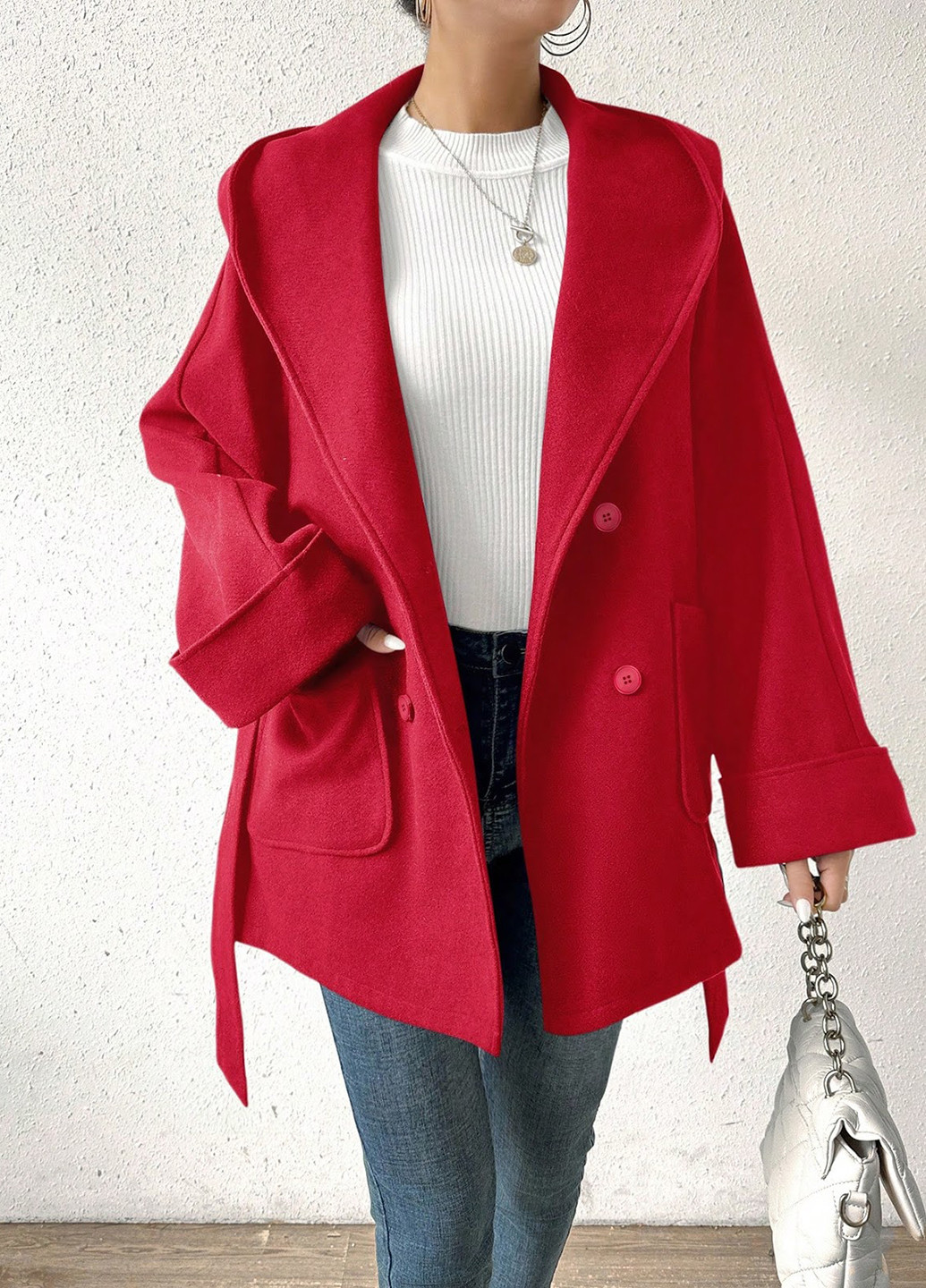 Червоне демісезонне Пальто двобортне SHEIN