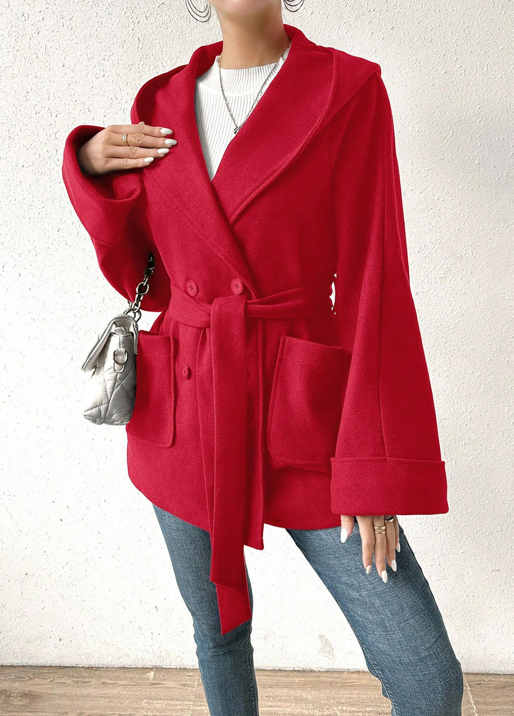 Червоне демісезонне Пальто двобортне SHEIN