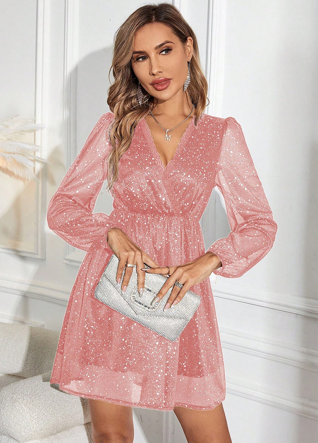 Бледно-розовое праздничный платье на запах SHEIN однотонное