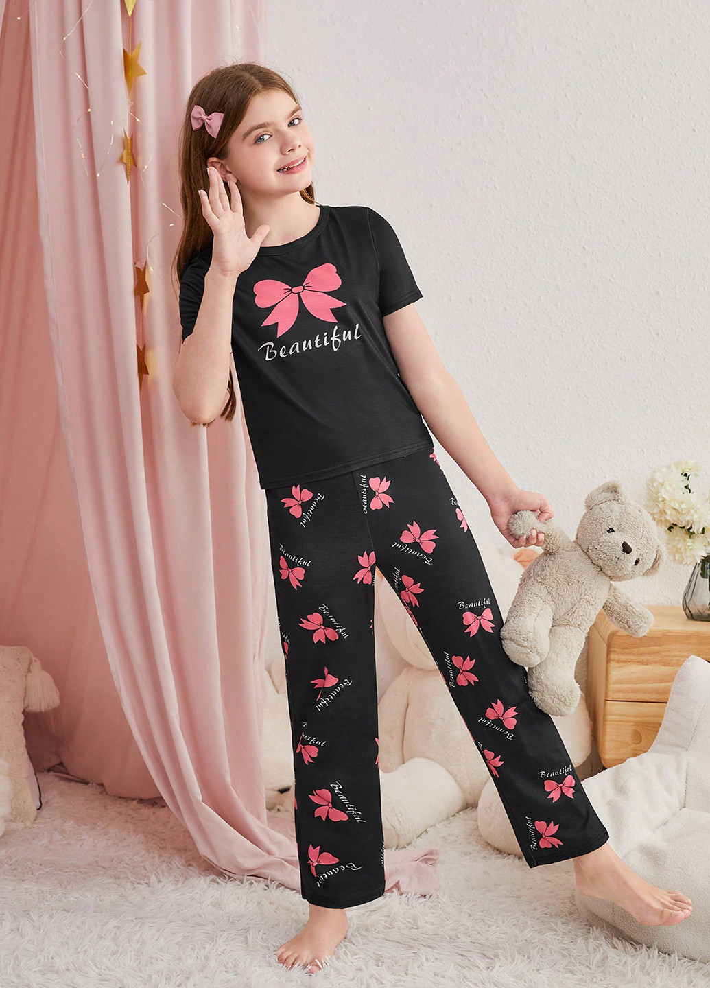 Чорна всесезон піжама (футболка, брюки) футболка + штани SHEIN