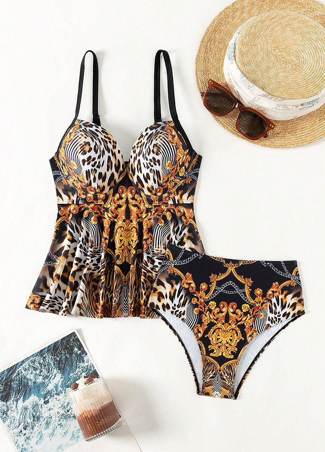 Комбинированный летний купальник (майка, трусики) танкини, раздельный SHEIN