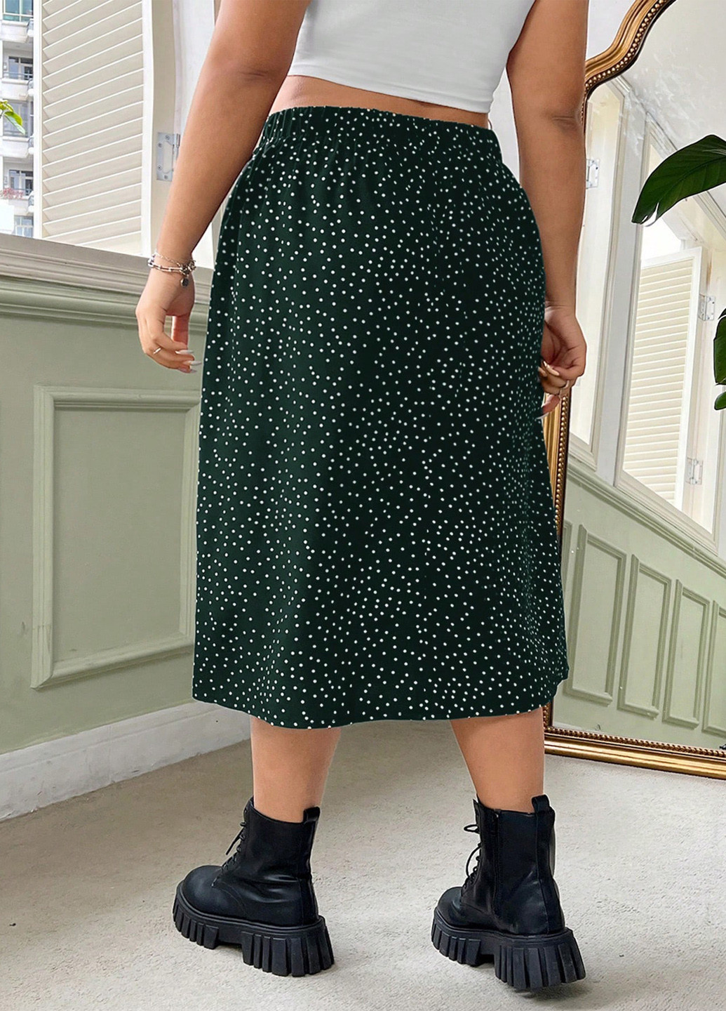 Зеленая кэжуал в горошек юбка SHEIN а-силуэта (трапеция)