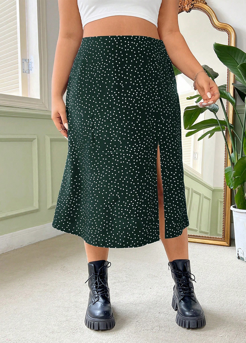 Зеленая кэжуал в горошек юбка SHEIN а-силуэта (трапеция)