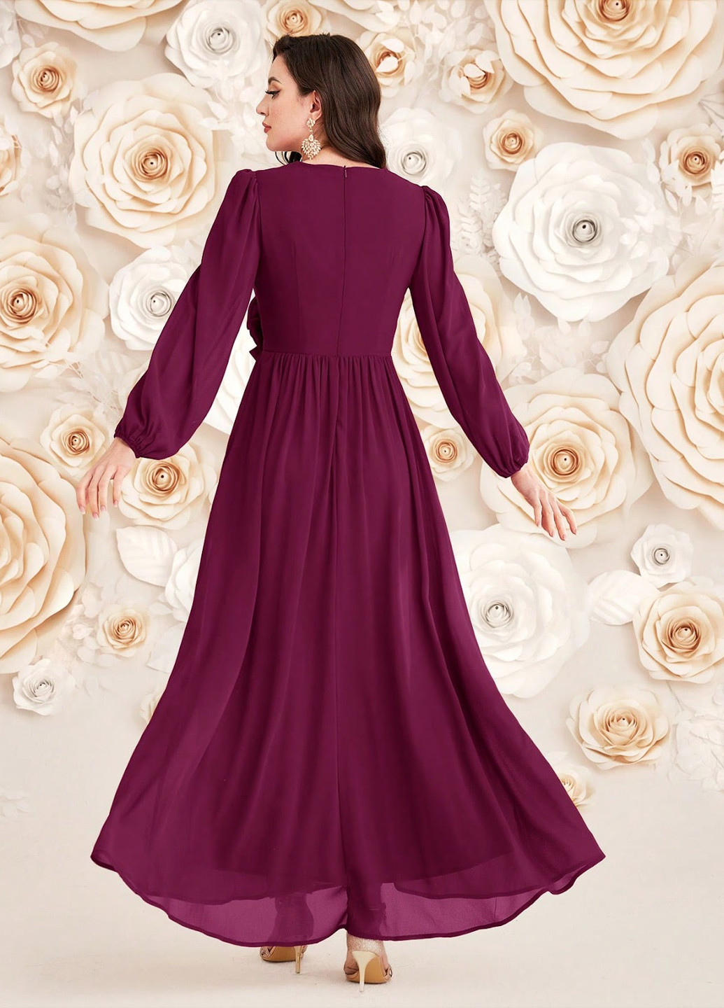 Темно-бордовое вечернее, кэжуал платье на запах, клеш SHEIN однотонное