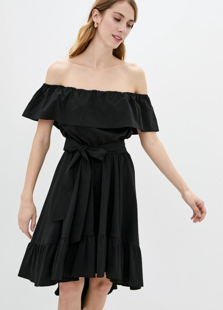 Черное пляжное летнее ассимитрическое женское платье с воланами с открытыми плечами Podium однотонное