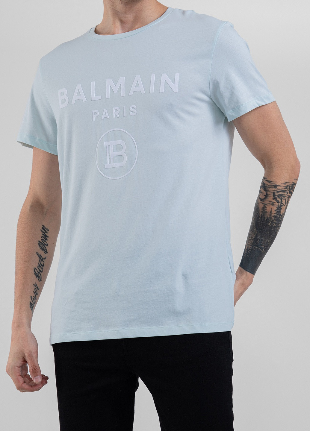 Бирюзовая бледно-розовая футболка с логотипом Balmain