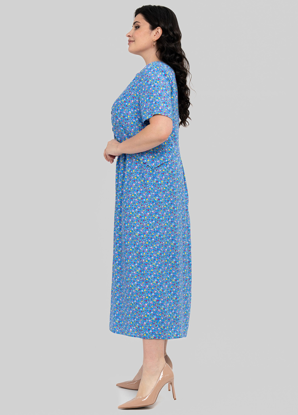 Светло-синее кэжуал платье а-силуэт A'll Posa с цветочным принтом