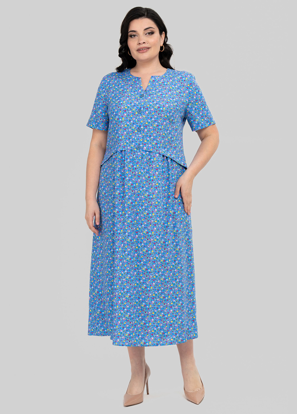 Светло-синее кэжуал платье а-силуэт A'll Posa с цветочным принтом