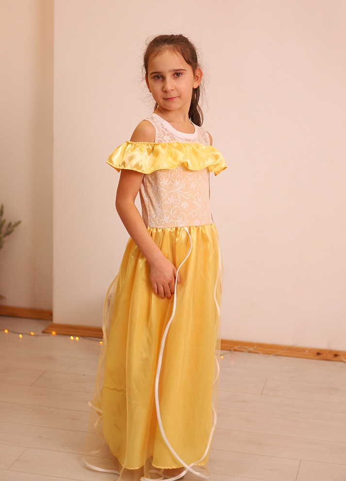 Золотой праздничный летнее нарядное платье для девочки в пол гипюр пачка Marselin с цветочным принтом